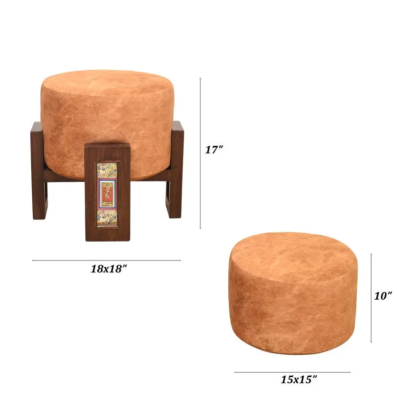 Suede Teak Wood Pouffe - Orange media 7