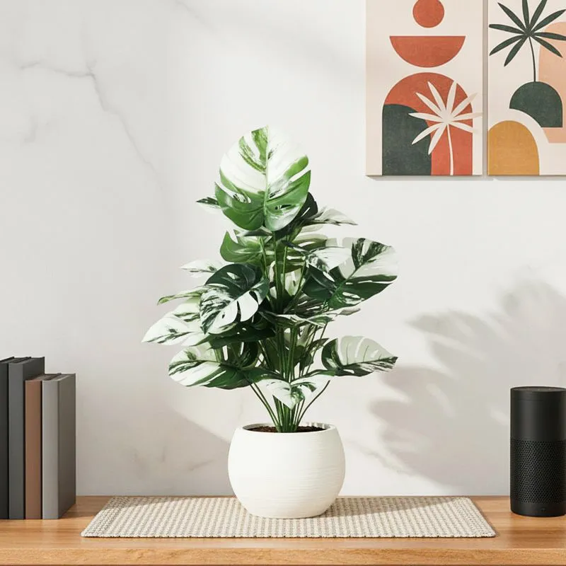 Faux Lush White Monstera Plant With Black Plastic Pot - 2.6 Feet media 1
