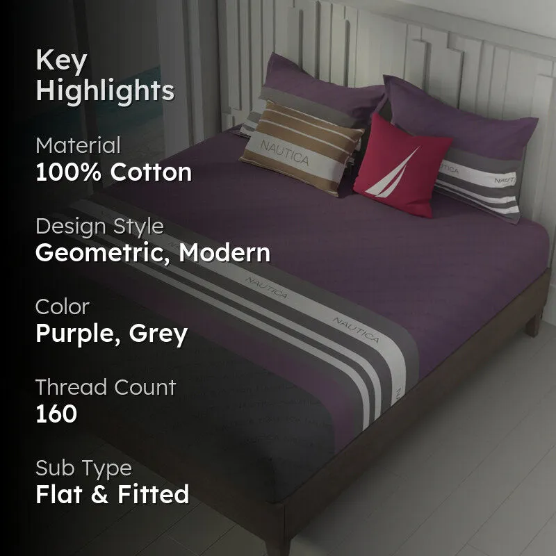 Nautica Stripe Symphony Cotton Bedsheet (Purple, Grey) - 160 TC media 2