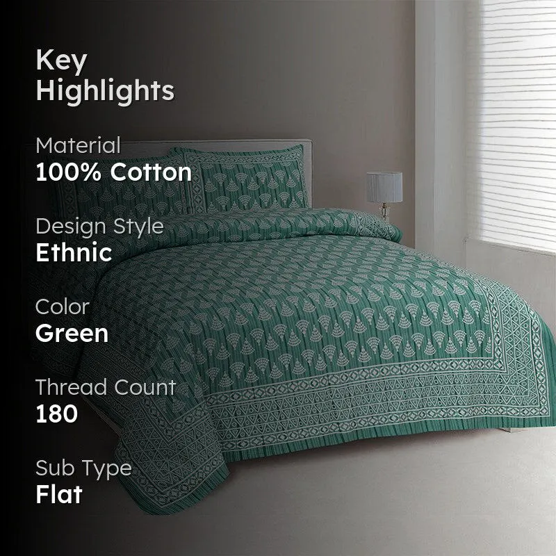 Sthethu Ethnic Cotton Bedsheet (Green) - 180 TC media 2