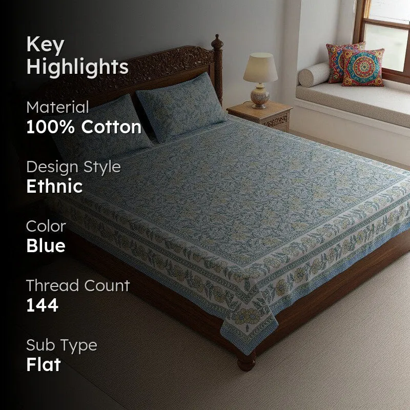 Niagra Floral Cotton Bedsheet (Blue) - 144 TC media 2