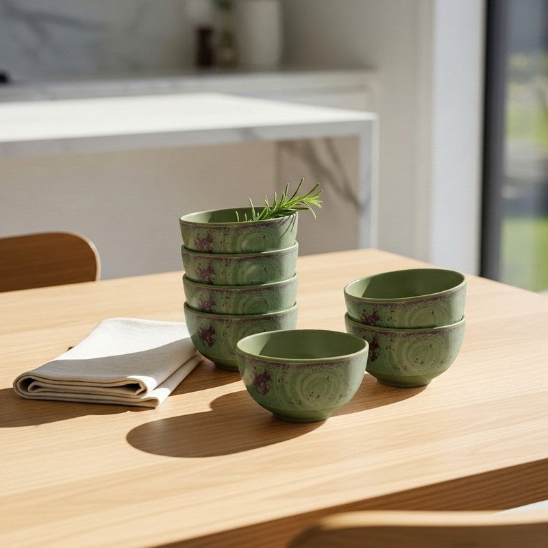 Rustic Q Olive Green Melamine Snack Bowls (200 mL Each) - Set of Six - 200 mL
