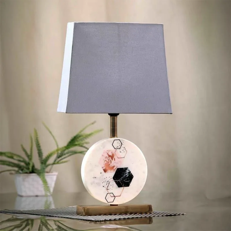 Hexa Marble & Brass Base Fabric Table Lamp - Multicolor media 3
