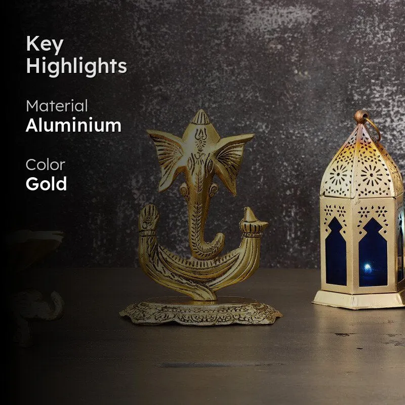 Gold-toned Vinakaya idol shown with key highlights graphic