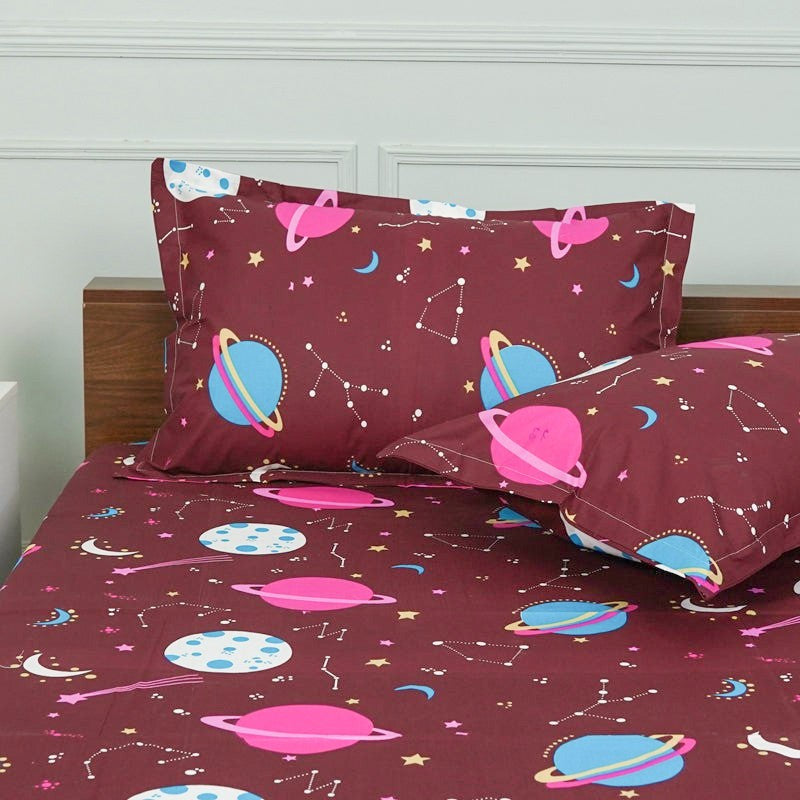 Galaxy Ride Kids Neon Print Cotton Bedsheet (Maroon) - 144 TC media 4