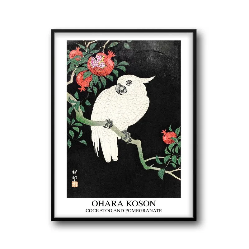 Cockatoo And Pomegranate Ohara Koson Archival Canvas Wall Painting - Black Frame media 5