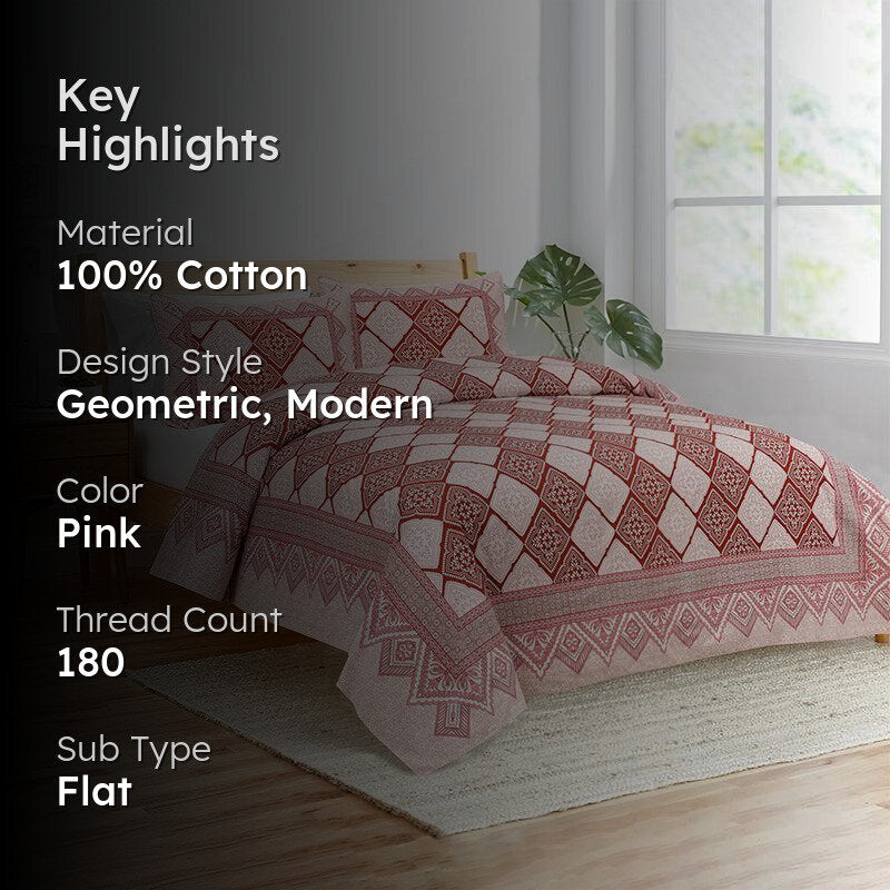 Shadh Geomatric Cotton Bedsheet (Pink) - 180 TC media 2