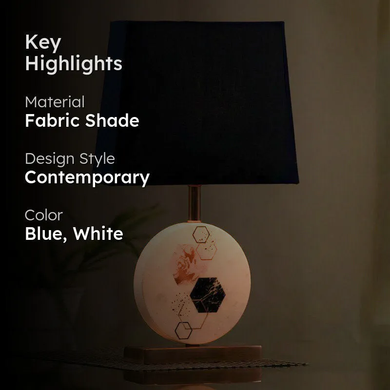 Hexa Marble & Copper Base Fabric Table Lamp - Blue,White media 2