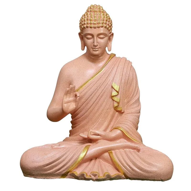 Front view of a peach seated Buddha idol with gold-toned robe detailing