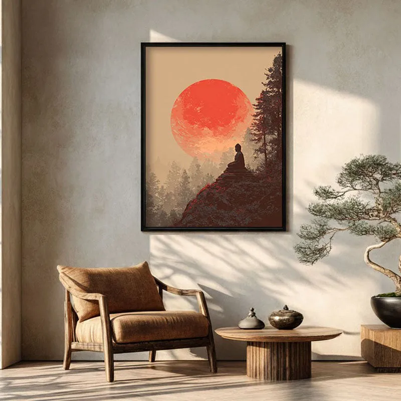 Crimson Sun I Over Silent Peaks Archival Paper Wall Painting With Black Frame media 1
