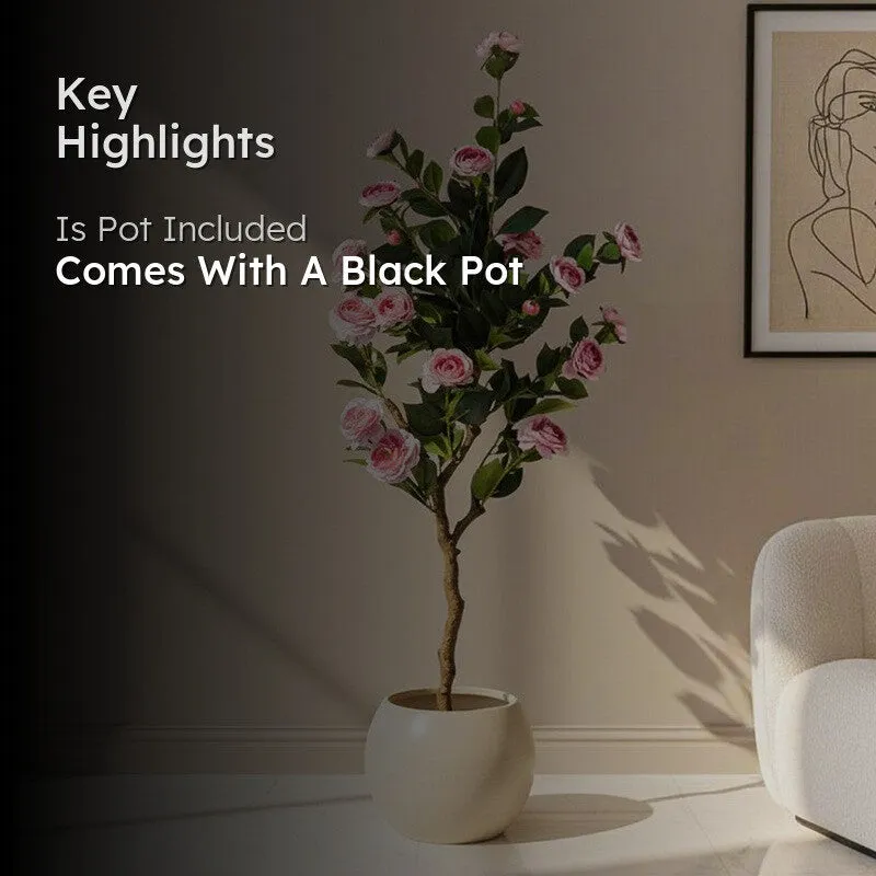 Faux Lush Mini Camellia Plant With Black Plastic Pot - Pink - 4 Feet media 2