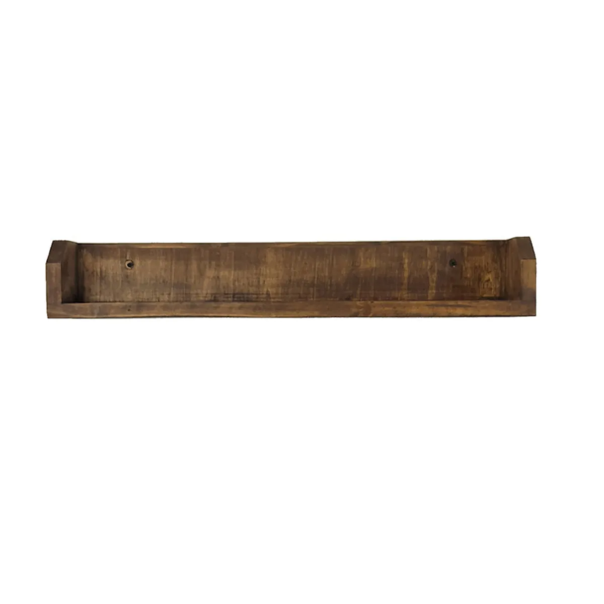 Brown wooden wall shelf shown against a plain white background.