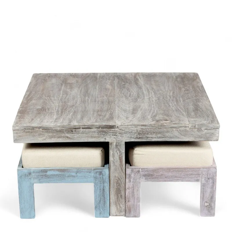 Fervon Sheesham Wooden Center Table with Stools and Cushions (Grey,White) - Nine Piece Set media 5