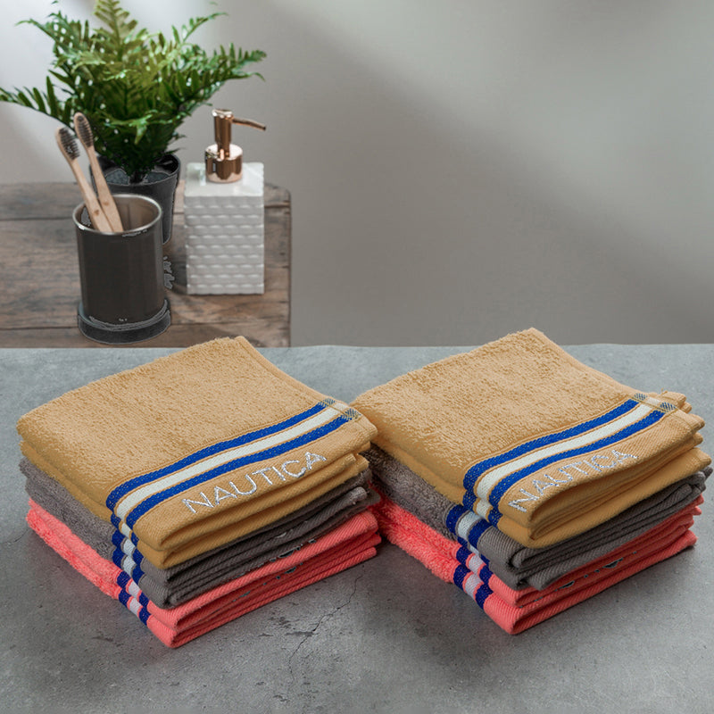 Nautica Dove Down Cotton Hand & Face Towel (Grey,Beige & Coral) - Set Of Twelve media 4