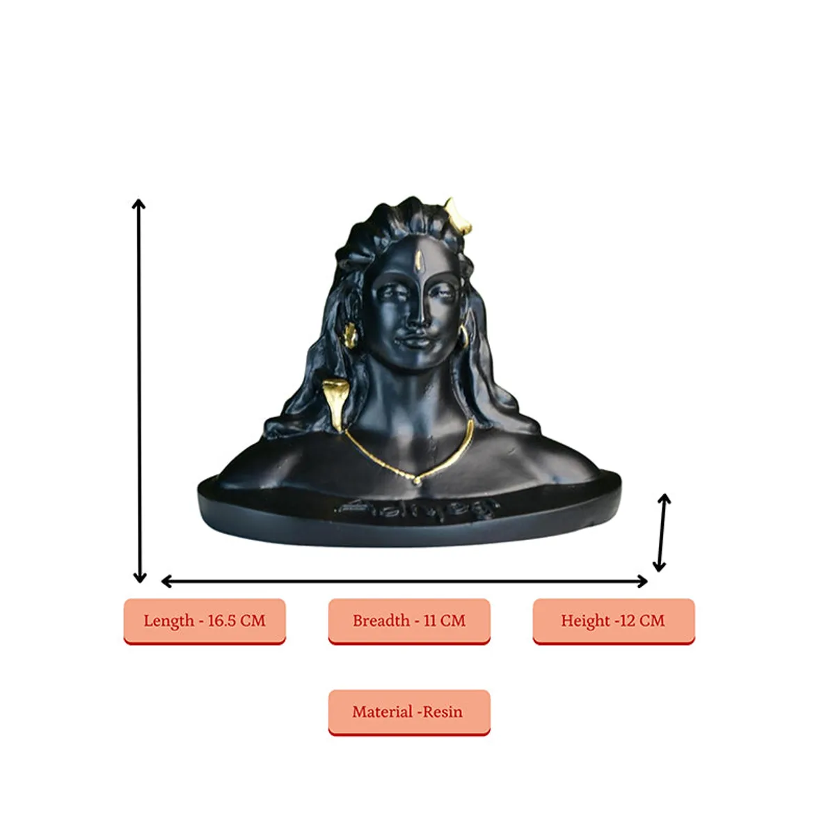 Black Adiyogi showpiece shown on a white background with measurement arrows