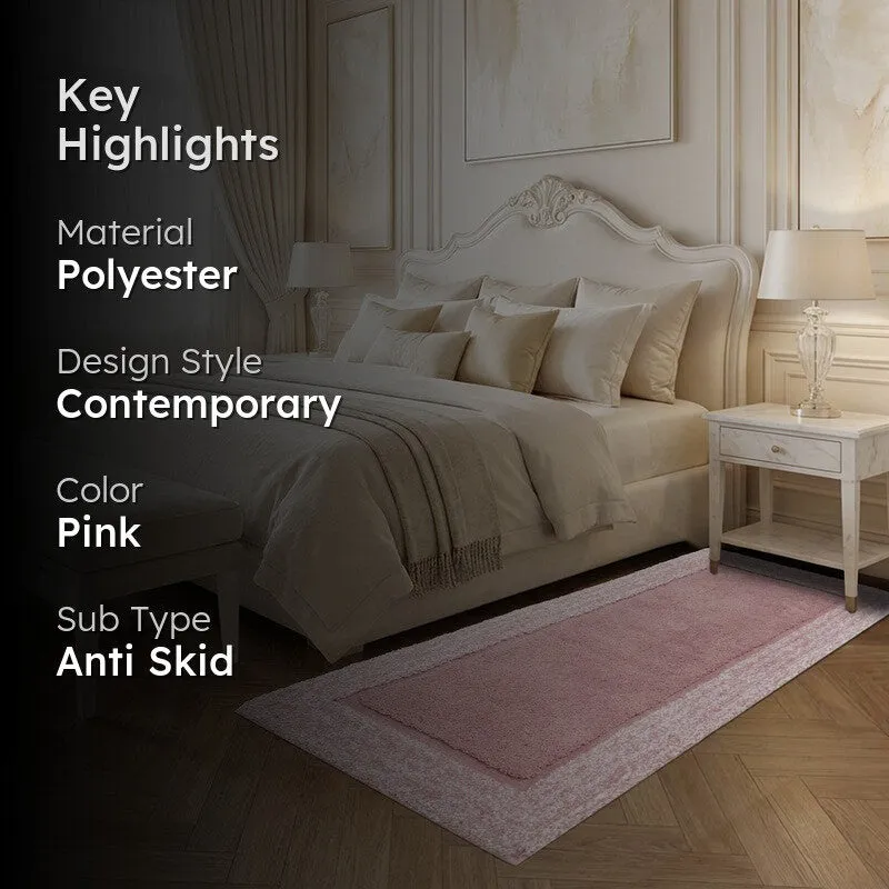 Pink runner rug styled in a bedroom with key highlights overlay