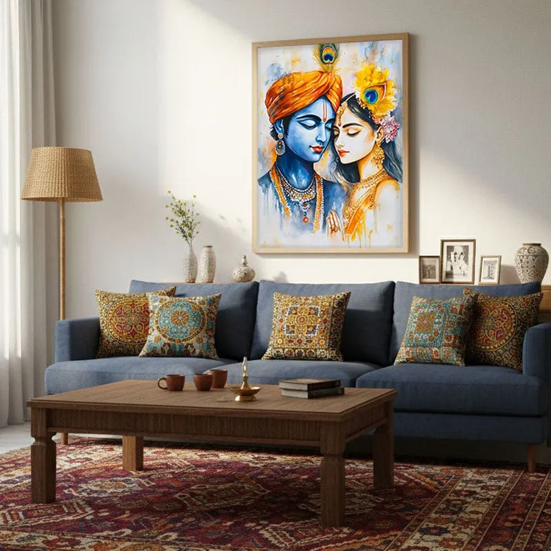 Vrindavana Radhe Krishna Spiritual Archival Paper Wall Painting - Natural Brown Frame media 4