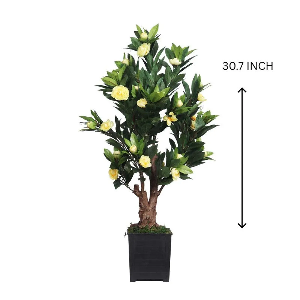 Artificial yellow flowering plant shown with a black pot and height reference.
