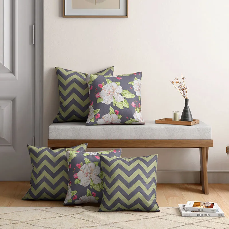 India Circus Floral Chevron Printed Velvet Cushion Cover - Set Of Five media 1