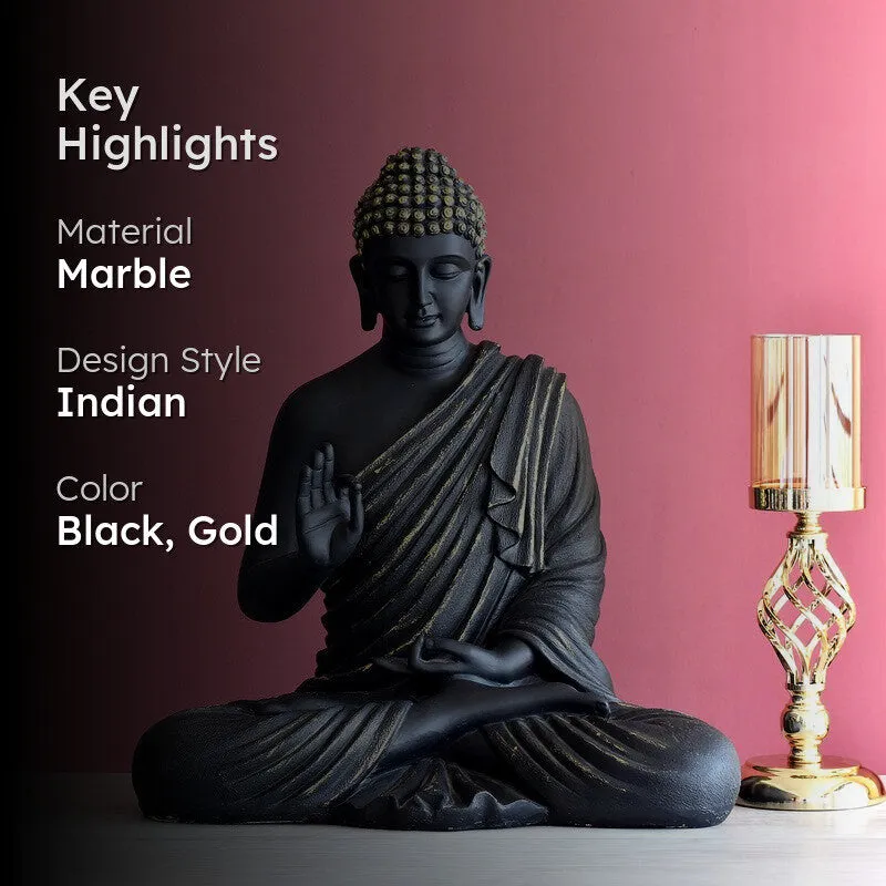 Black Buddha idol with highlighted material, style and colour details