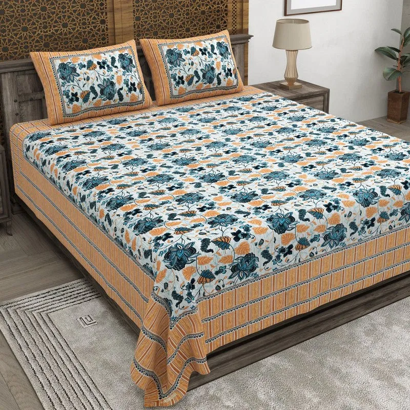 Softus Cotton Bedsheet (Blue,Orange) - 240 TC media 1