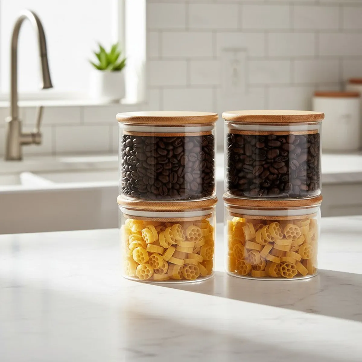 Four transparent glass jars with bamboo lids, filled with coffee beans and pasta on a kitchen counter.