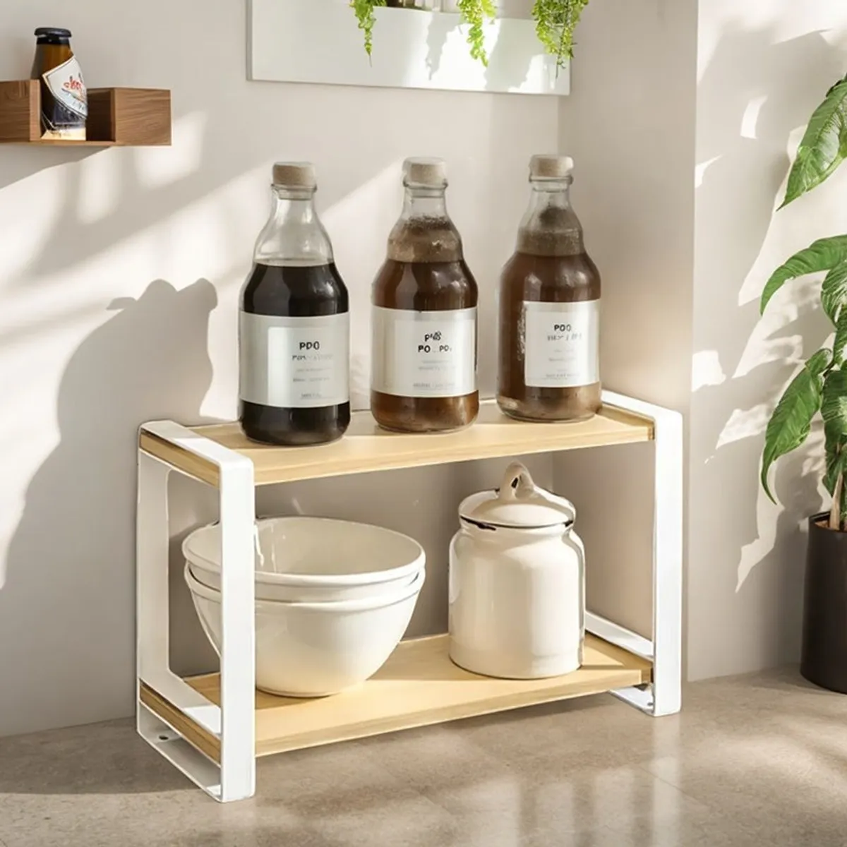 Brown and white two-tier rack styled with bottles, bowls and a jar