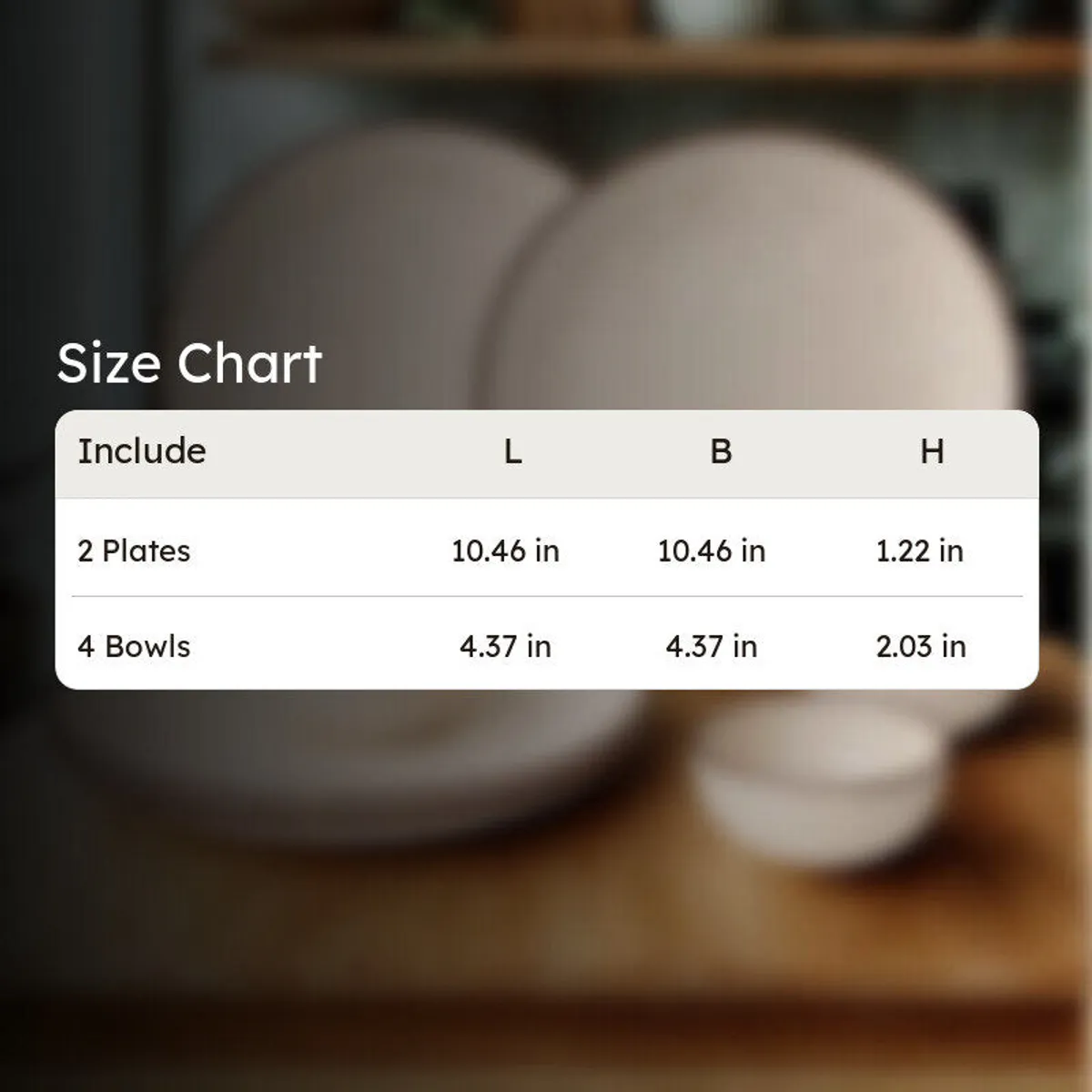 Beige speckled dinner set shown with a size chart for two plates and four bowls.