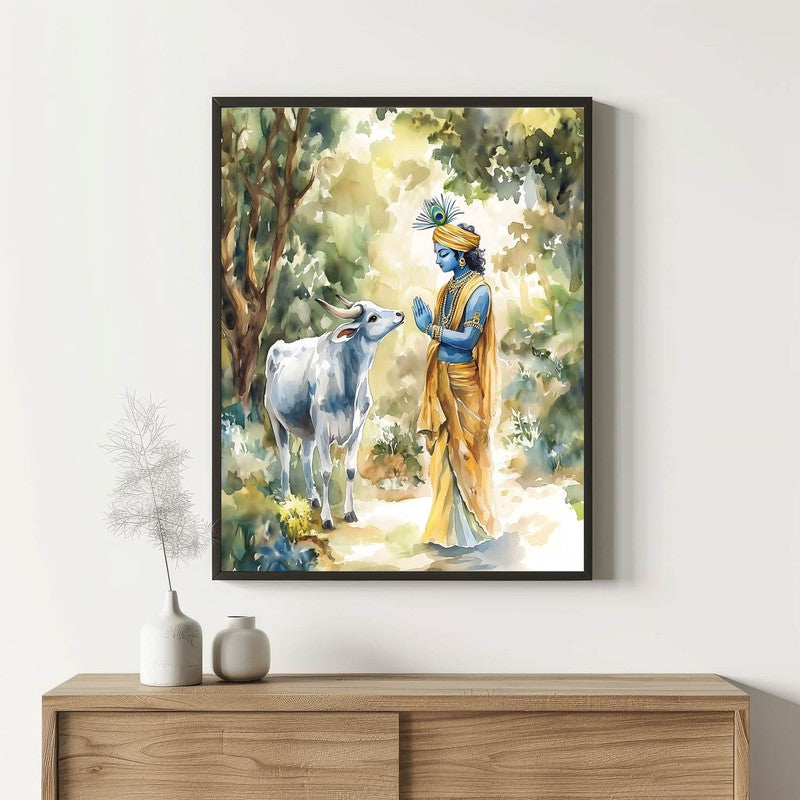 Krishna Spiritual Archival Paper Wall Painting With Frame - Black