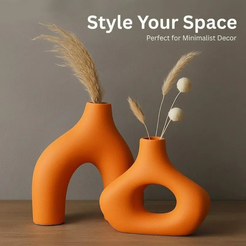 Noctra Sculptural Dual Ceramic Vase (Orange) - Set Of Two media 5