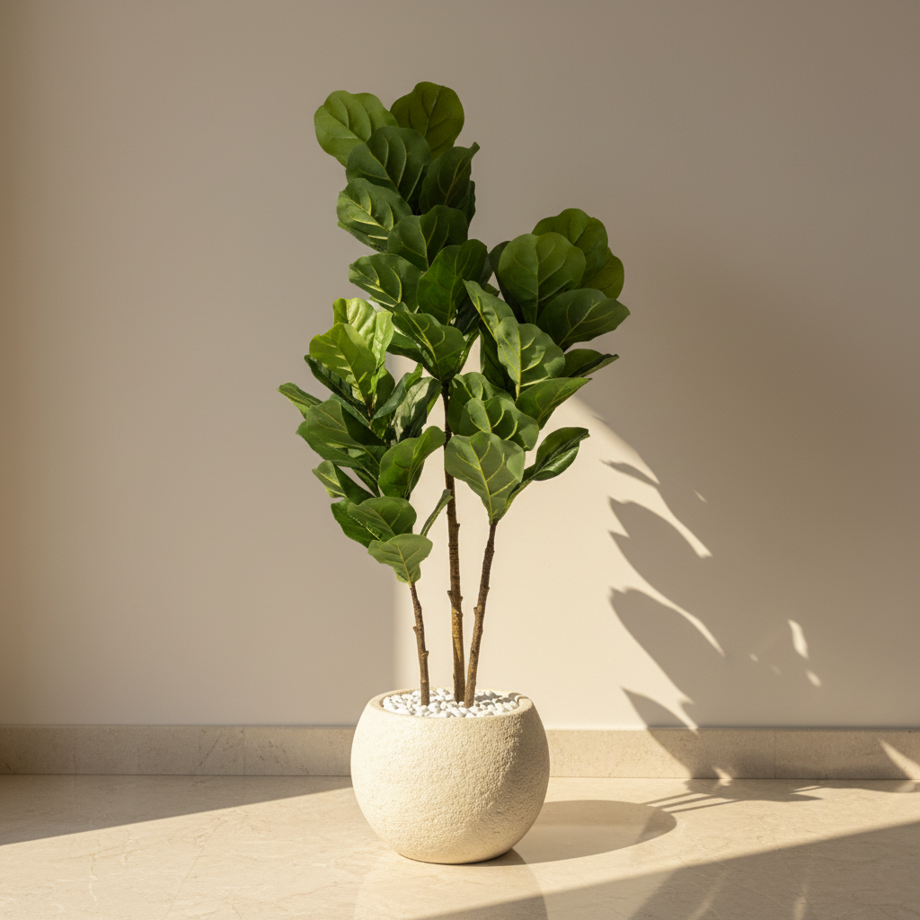 Artificial Fiddleleaf Plant With Long Black Fiber Pot - 3.9 Feet