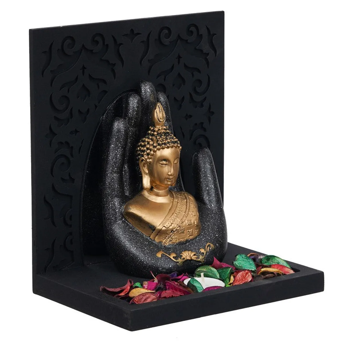 Angled view of black and gold Buddha tea light holder