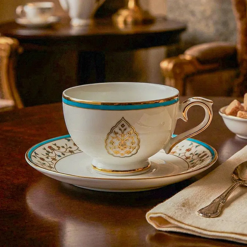 Gilded Mavi 24k Gold Brushed Porcelain Tea Cup & Saucer (280 mL) - Set of Six media 3