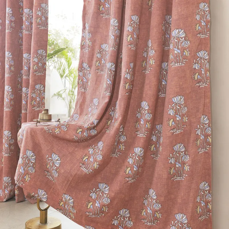 Tranquebar Home Grand Petals Polyester Curtains(Rust) - Set Of Two media 1