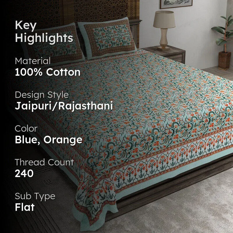 Formio Cotton Bedsheet (Blue,Orange) - 240 TC media 2