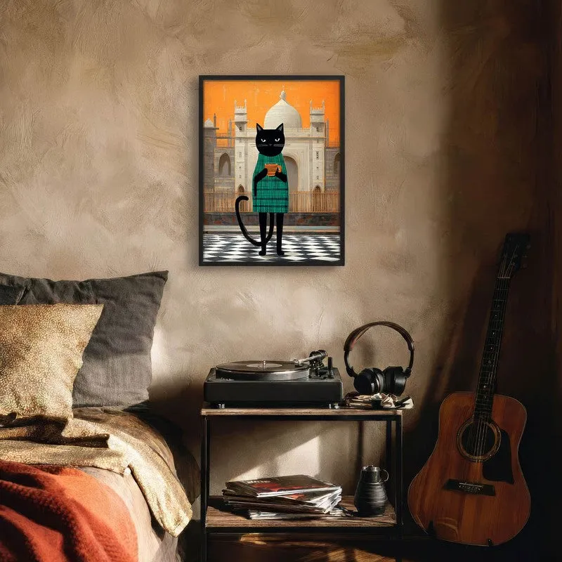 Serene Sips Cat Wall Painting With Frame media 6