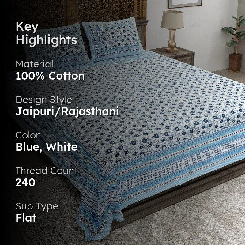 Crafto Cotton Bedsheet (Blue,White) - 240 TC media 2