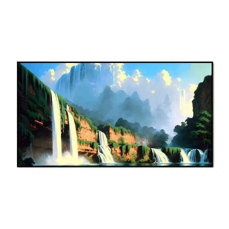 Waterfalls & Blue Skies Landscape Canvas Wall Painting With Frame - Black media 4
