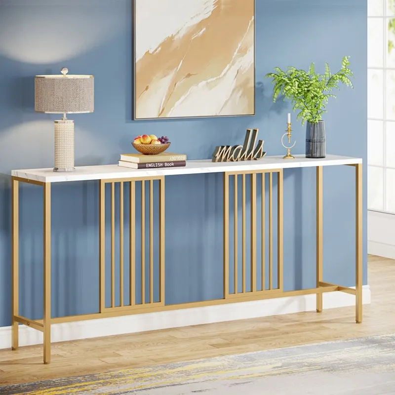 Narrow Long Metal Console Table with White Marble Top (Gold) - Large media 1
