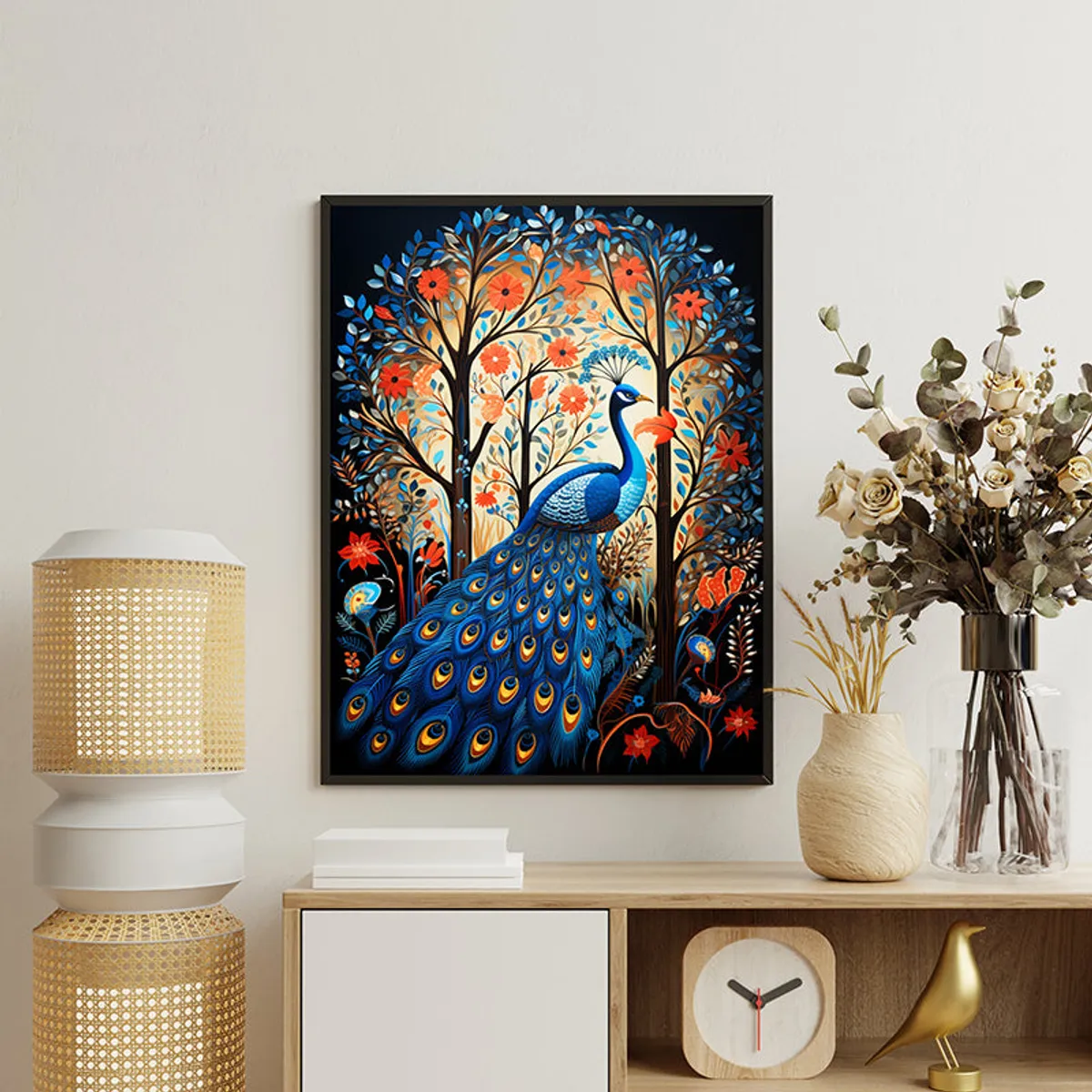 Peacock artwork with botanical branches displayed above a console table