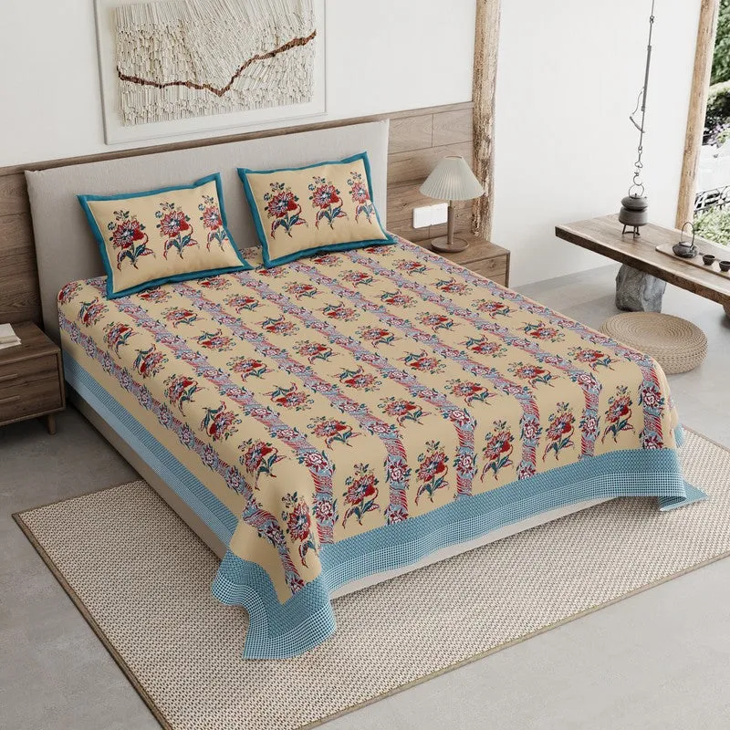 Rang Grace Cotton Bedsheet (Beige,Blue) - 120 TC media 1