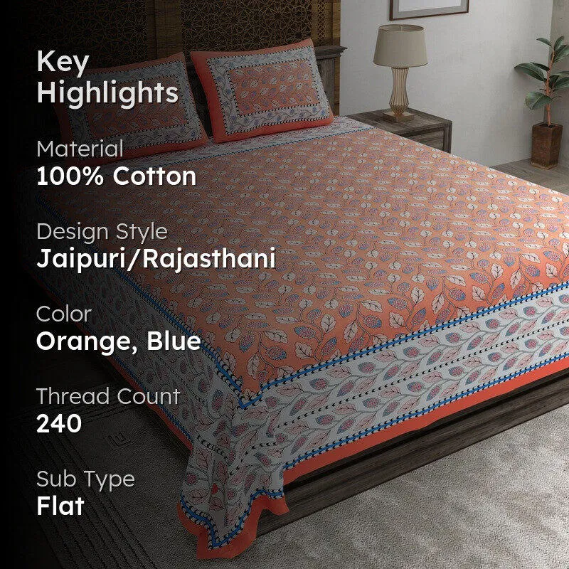Crafta Cotton Bedsheet (Orange,Blue) - 240 TC media 2