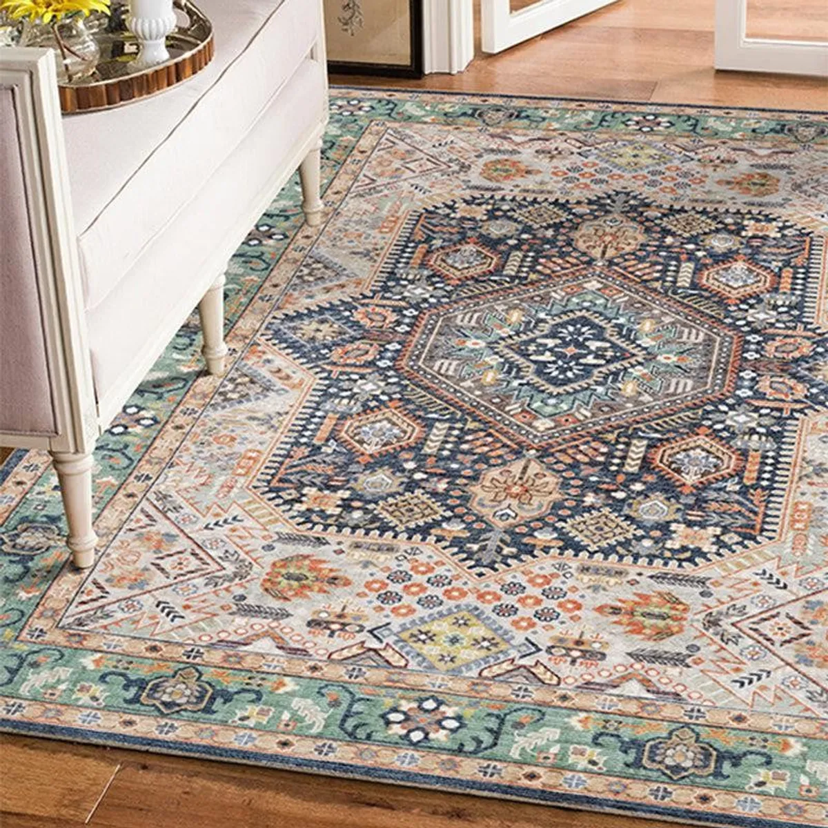 Ethnic patterned carpet styled in a living room