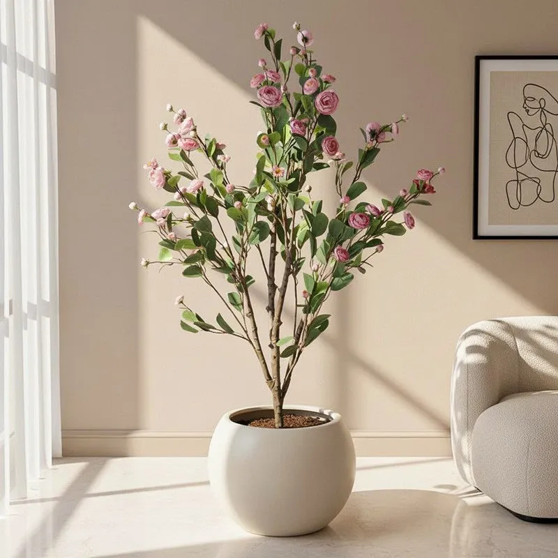 Faux Minio Camelia Rose Plant With Black Plastic Pot (3.94 ft) - Light Pink media 1