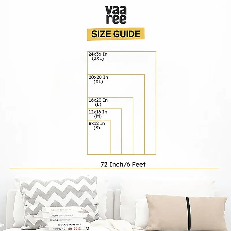 Framed abstract wall art size guide graphic above a white sofa