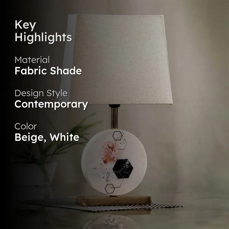 Hexa Marble & Brass Base Fabric Table Lamp - Beige,White media 2