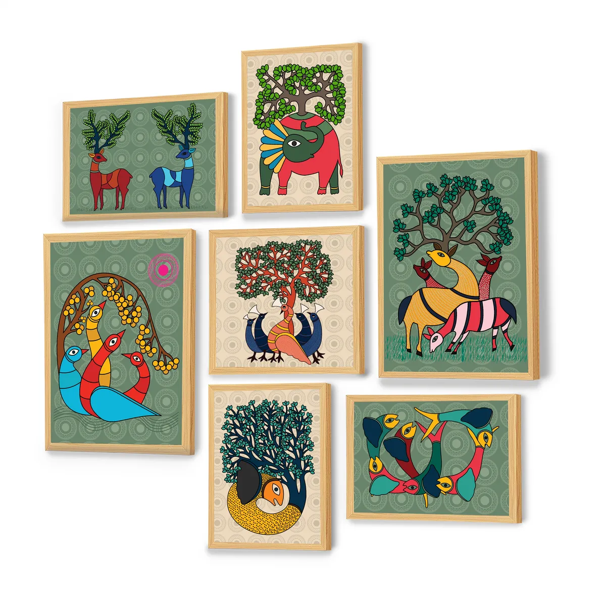 Close-up view of seven framed prints on a plain white background.