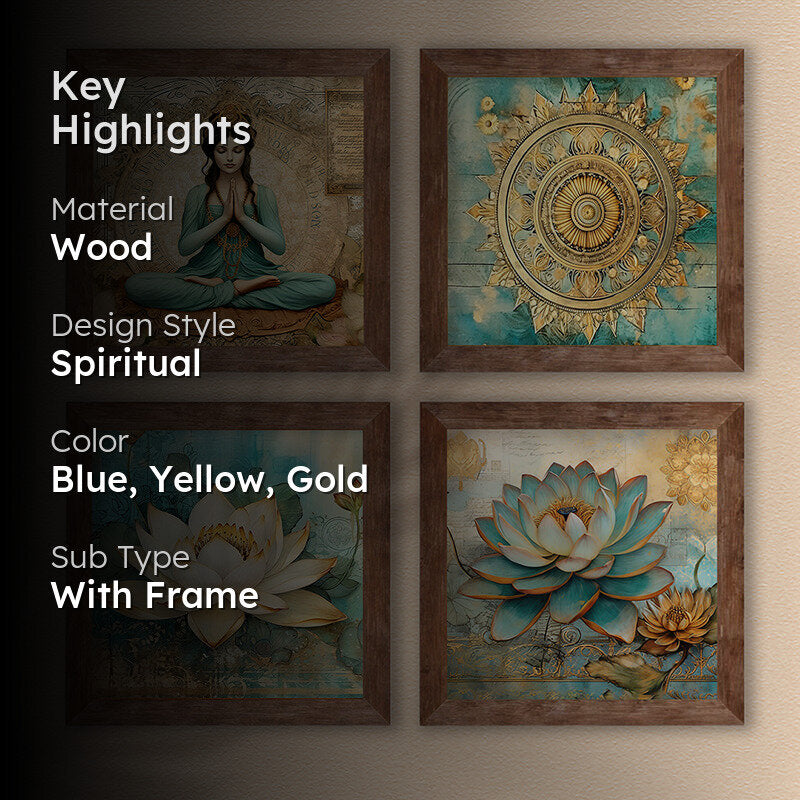 Lotus & Meditation Wall Art with Frame - Set Of Four media 2