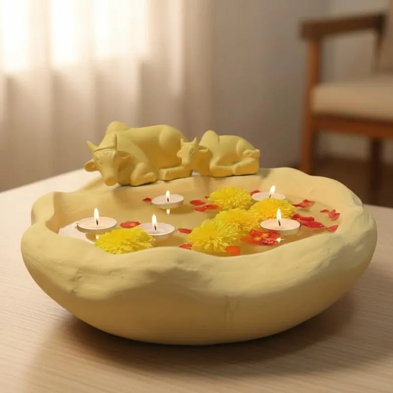 Sacred Cow and Calf Design Resin Urli media 4
