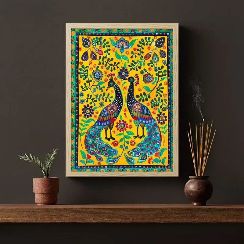 Colorful Peacock Folk Art Canvas Wall Painting With Brown Frame media 7